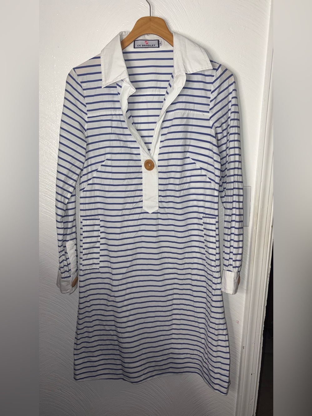 CK Bradley Belles Shirtdress White Blue Stripe Tunic Dress Beach Resortwear Sz S - Picture 4 of 5